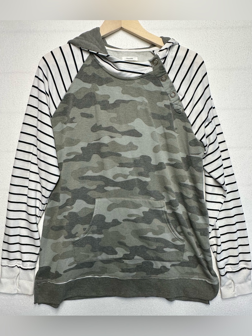 Maurices Women’s XL Camo Hoodie Striped Sleeve Snap Neck Kangaroo Pocket